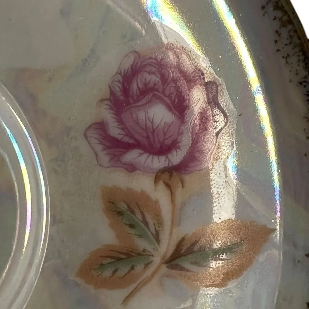 Choice Imports Vintage Floral‎ Teacup and Saucer Set Gold Trim Iridescent Rose